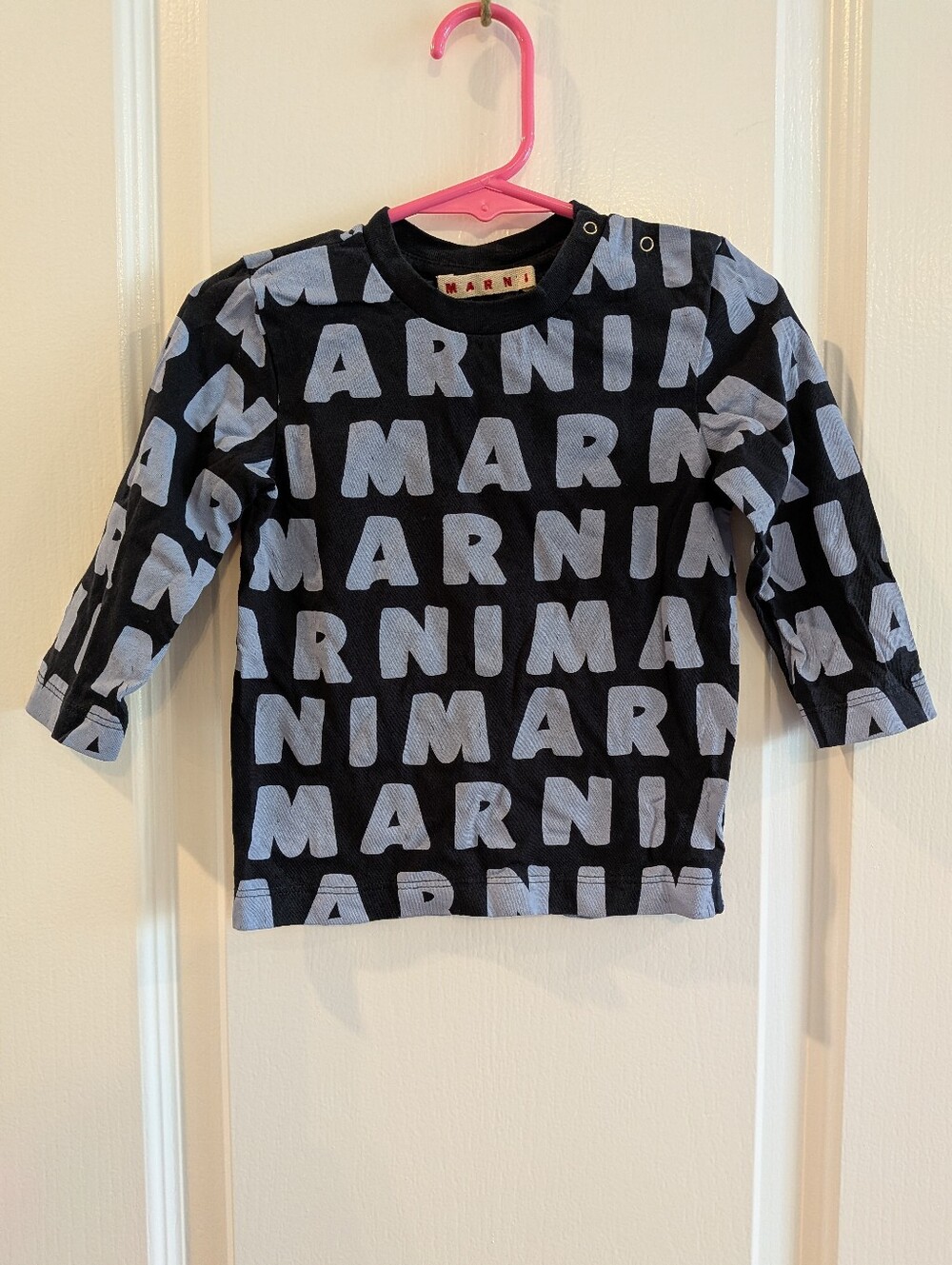 Marni Logo Long Sleeve Shirt Blue 100% Cotton Baby Boy Size 12M Luxury Casual